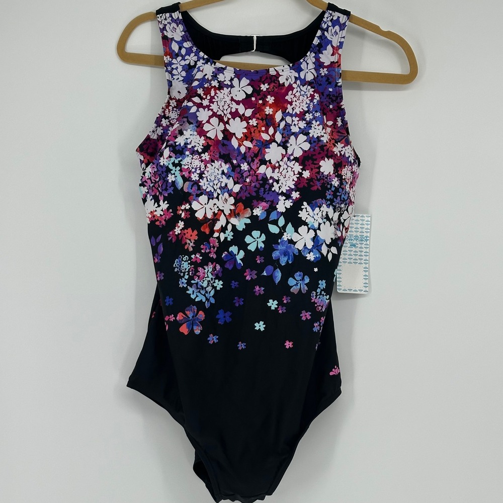 Aquabelle 18W One Piece Swimsuit Black Floral Print‎ Halter Neck NWT